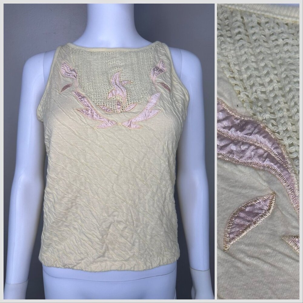 Vintage 1980s Crinkle Tank Top, Midnight Blues S/M, Mesh Insert, Satin Applique